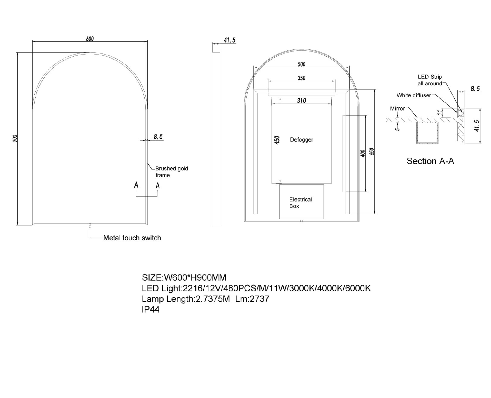 Framed LED Mirror 600x900mm