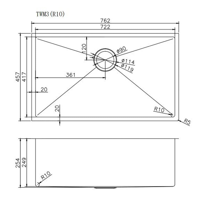 Round Corner Stainless Steel PVD Coating Single Bowl Kitchen Sink(with Bottom Grid) 762*457*254mm