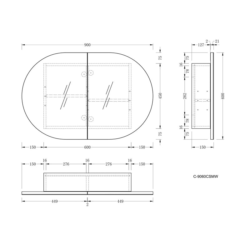 Carysil Mystic 900x600mm Matte Oval Shaving Cabinet