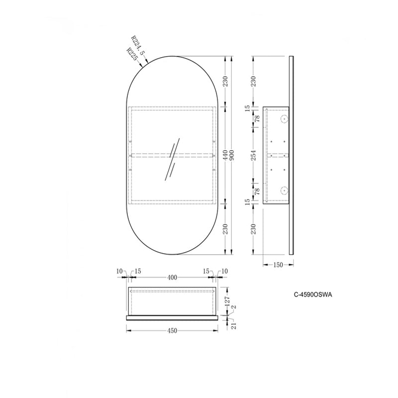 Carysil Noble 450x900mm Walnut Oval Shaving Cabinet