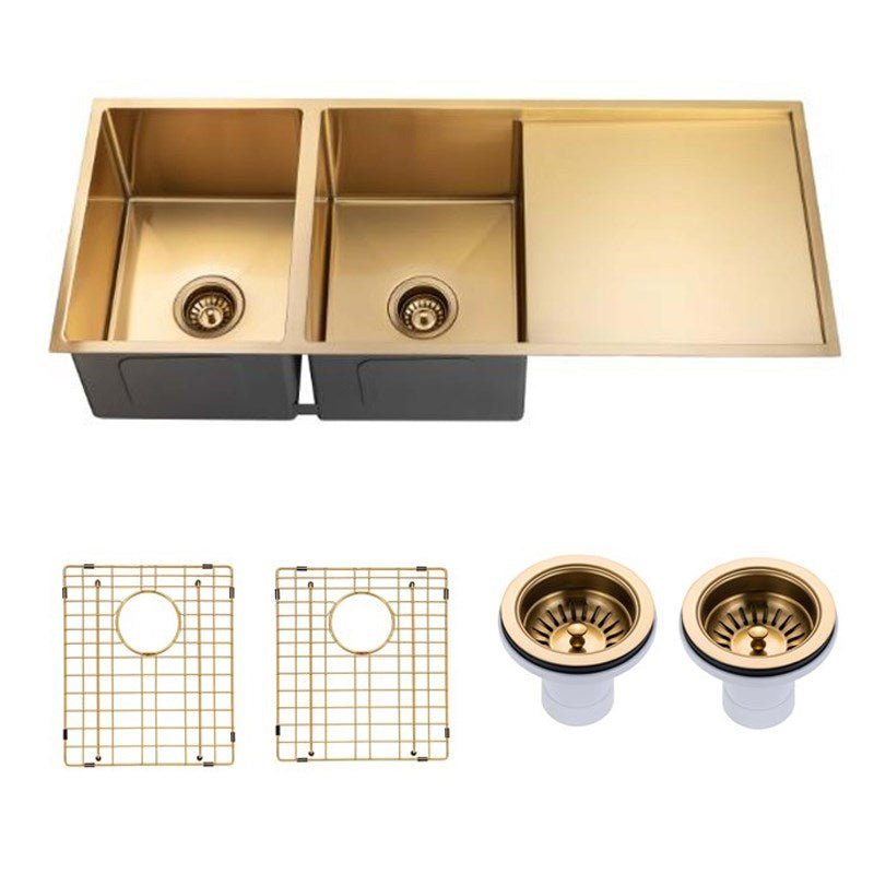 Brushed Brass Stainless Steel PVD Double Bowl Kitchen Sink 1160x460x230mm