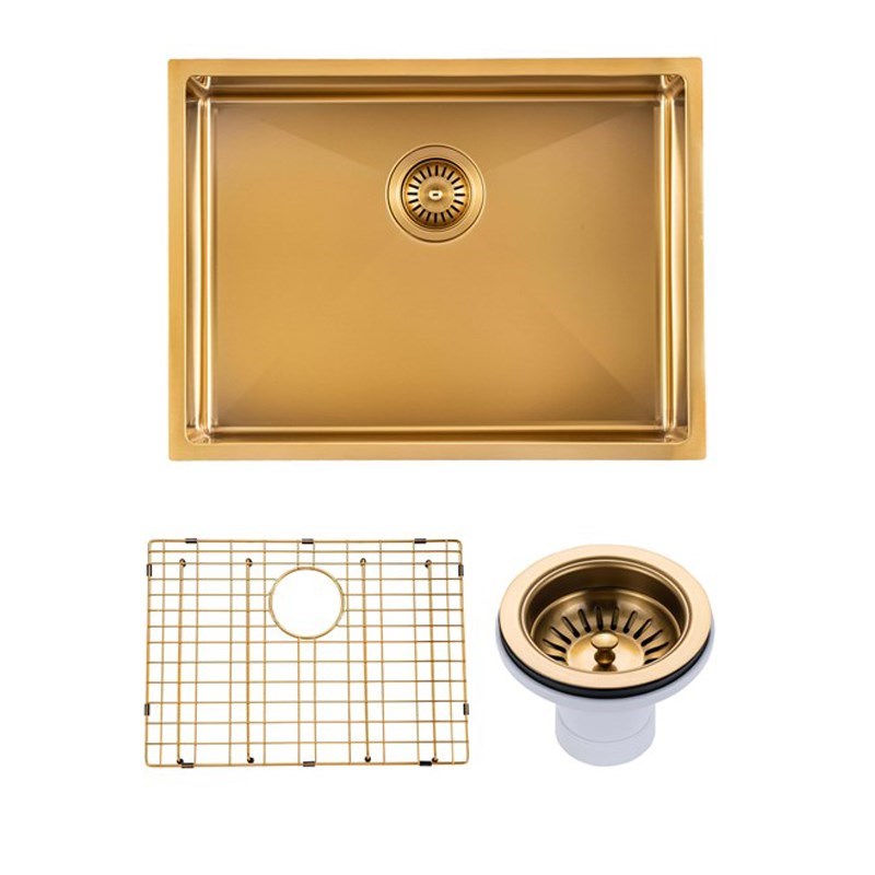 Brushed Brass Stainless Steel PVD Single Bowl Kitchen Sink 600x450x230mm