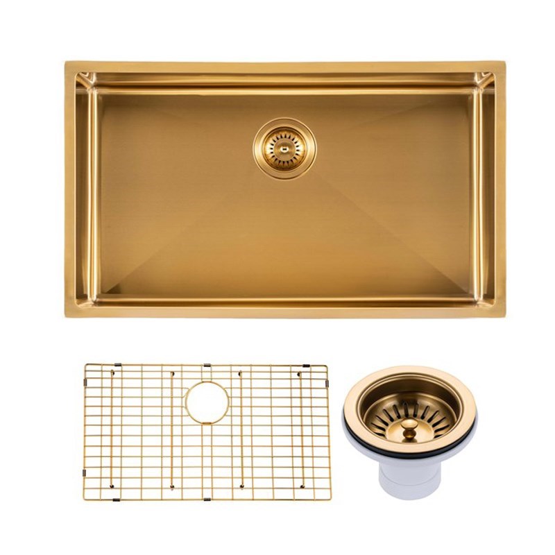 Brushed Brass Stainless Steel PVD Single Bowl Kitchen Sink 762x457x254mm