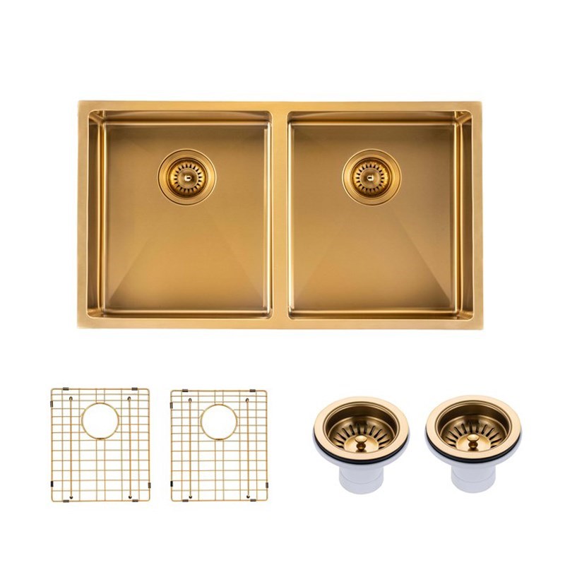 Brushed Brass Stainless Steel PVD Double Bowl Kitche Sink 770x450x215mm