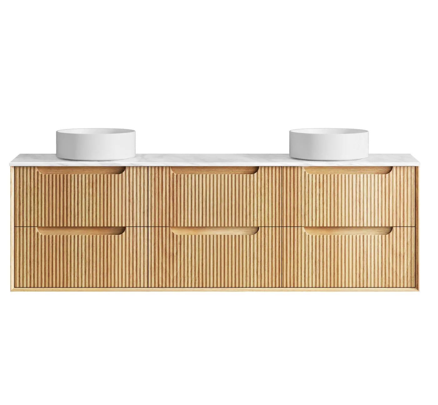 Byron Fluted 1800mm Woodland Oak Wall Hung Vanity  with Cloudy Carrara Stone Top