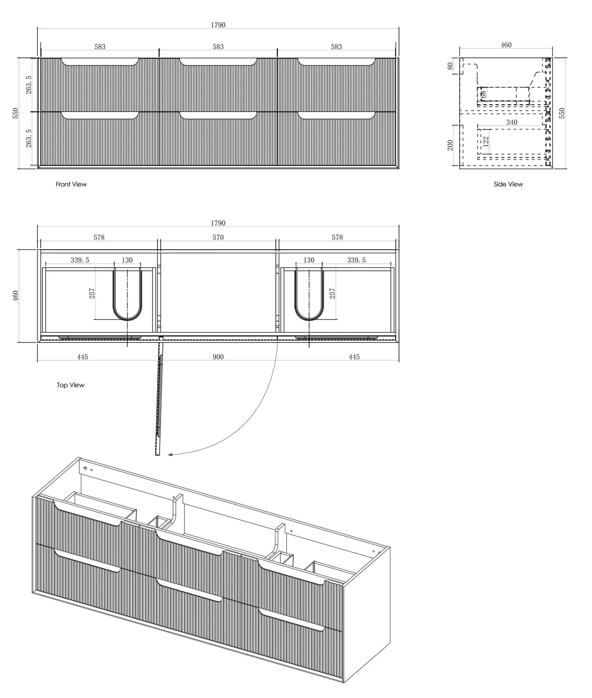 Byron Fluted 1800mm Woodland Oak Wall Hung Vanity  with Cloudy Carrara Stone Top