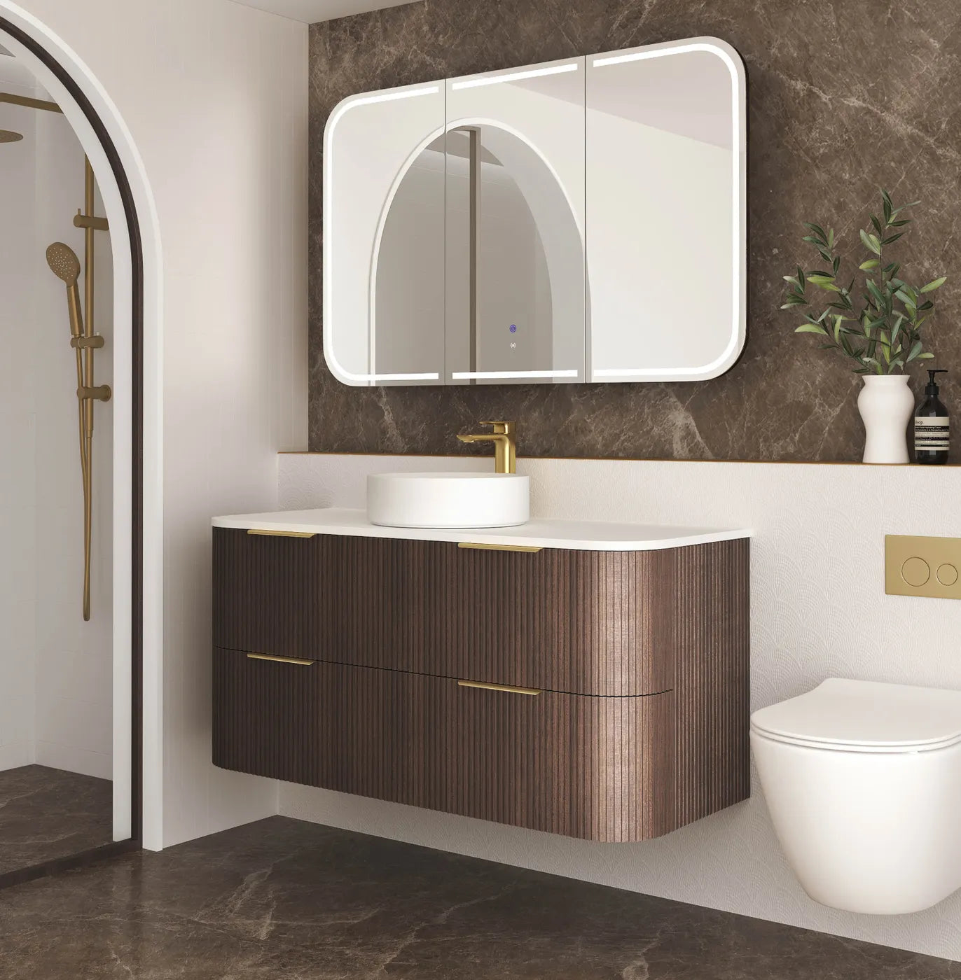 Havana Fluted 1200mm Sable Walnut Wall Hung Curve Vanity — Cabinet Only