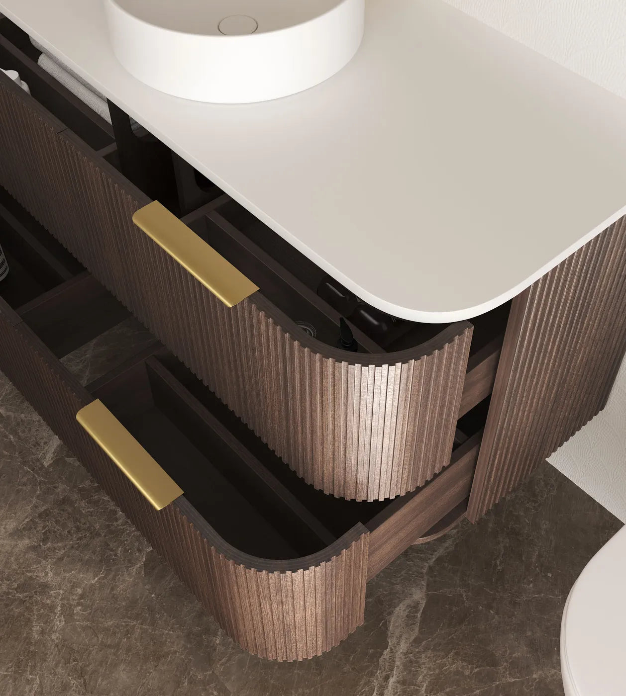 Havana Fluted 1200mm Sable Walnut Wall Hung Curve Vanity — Cabinet Only