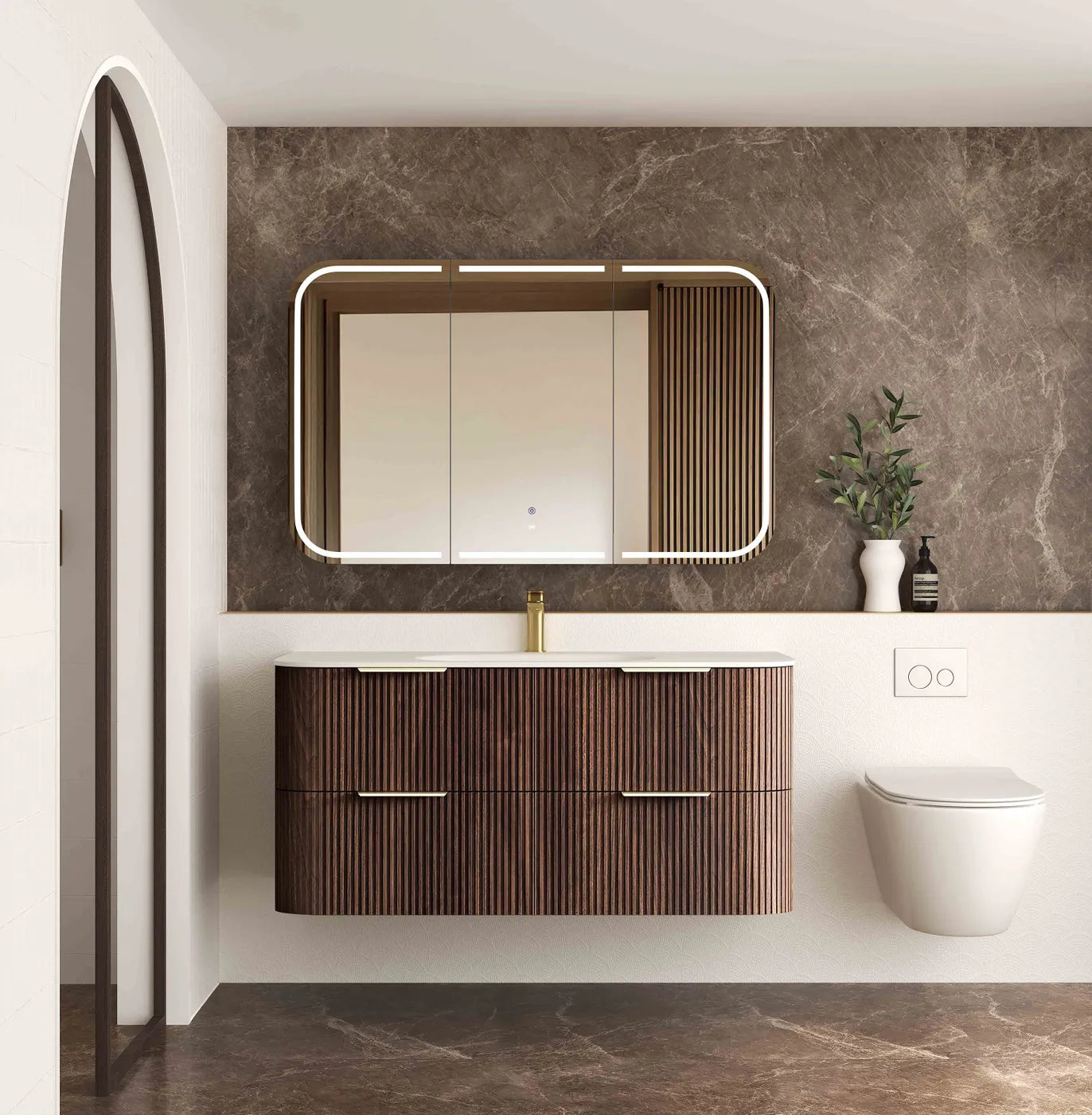 Havana Fluted 1200mm Sable Walnut Wall Hung Curve Vanity — Cabinet Only