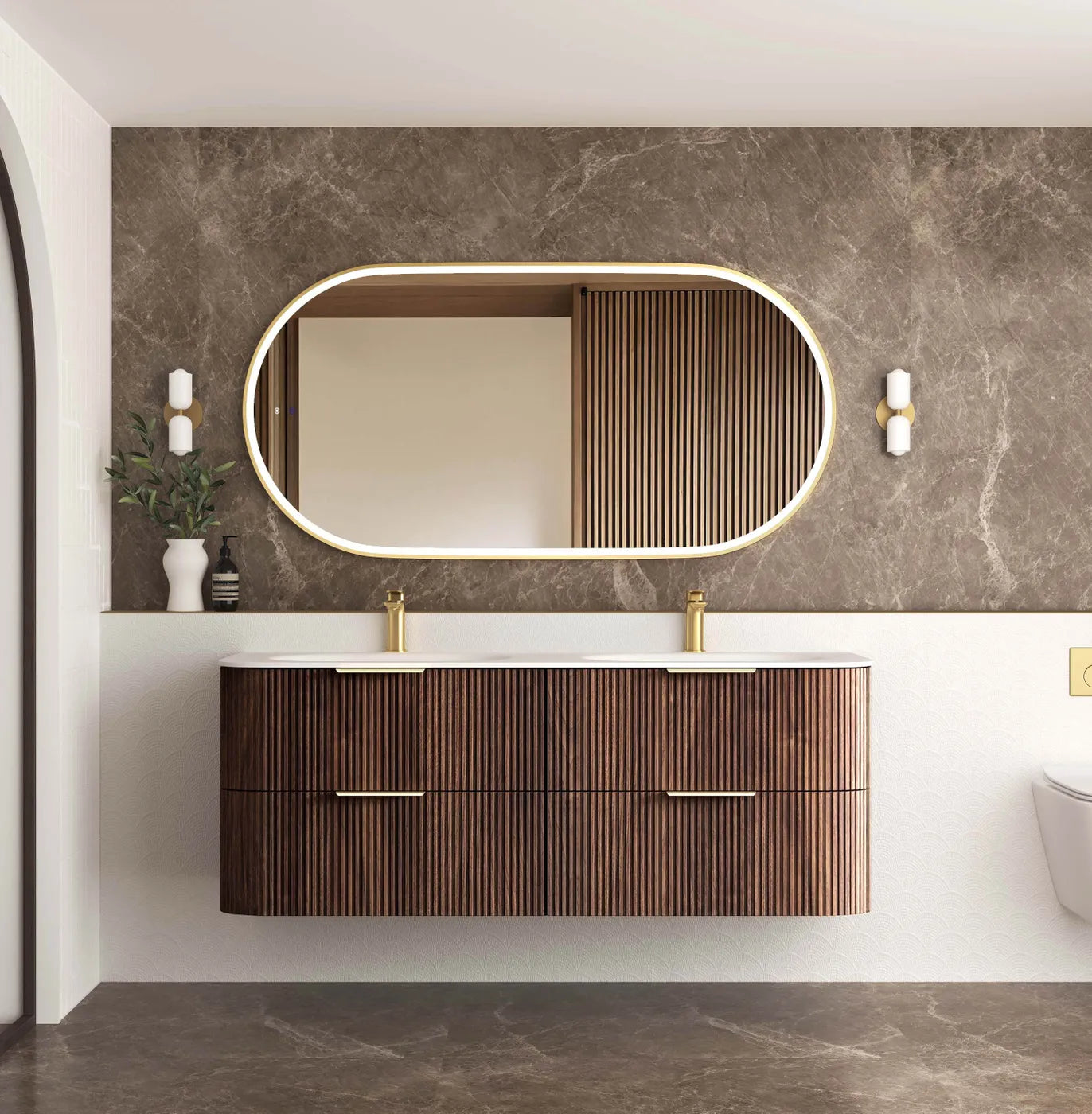 Havana Fluted 1500mm Sable Walnut Wall Hung Curve Vanity