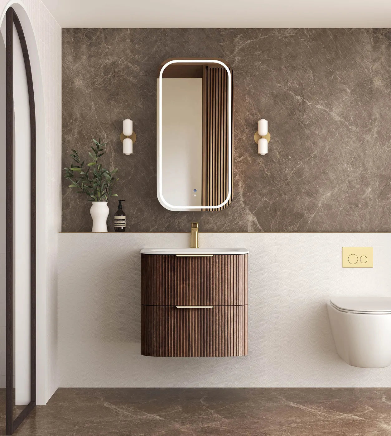 Havana Fluted 600mm Sable Walnut Wall Hung Curve Vanity — Cabinet Only