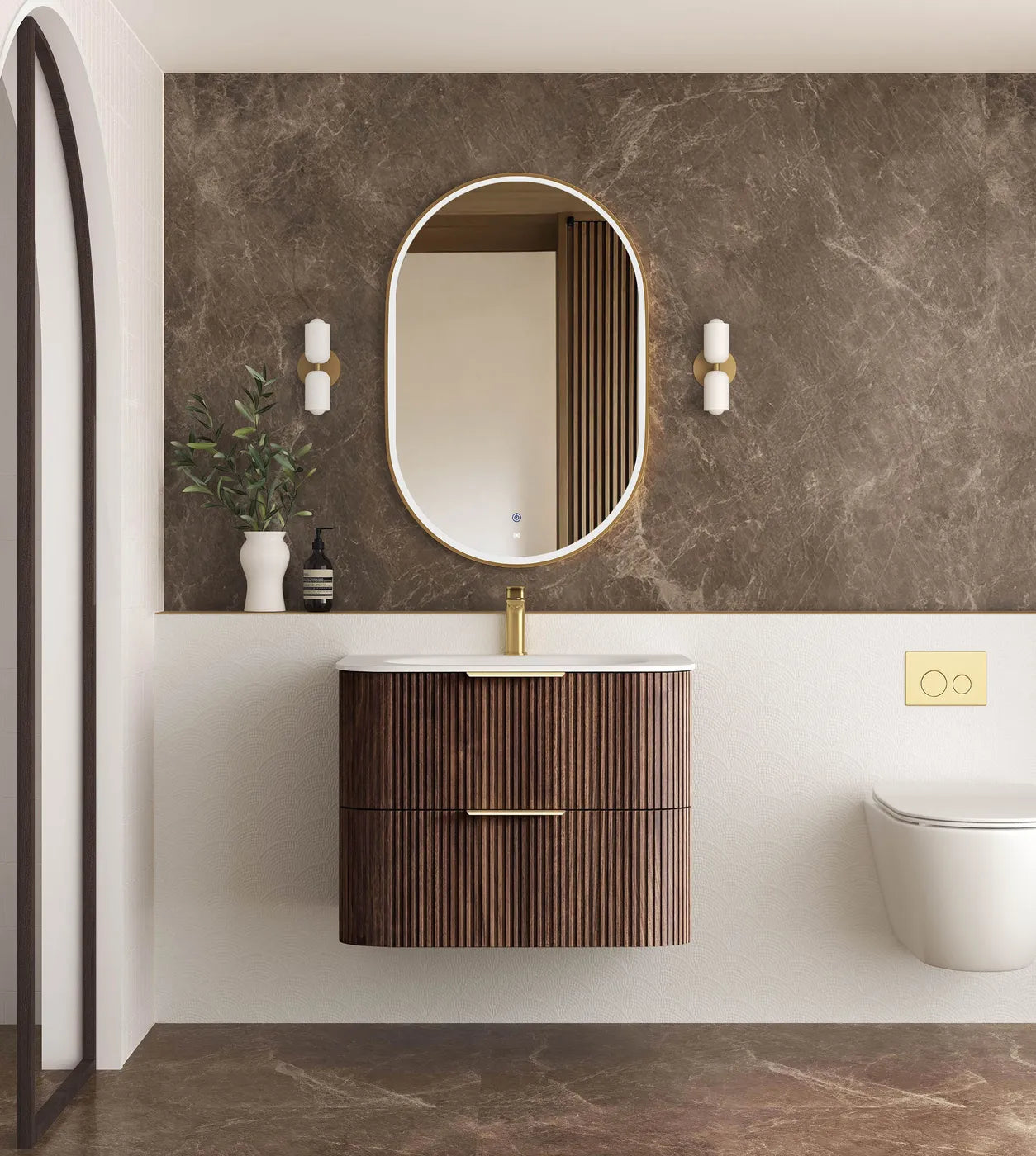 Havana Fluted 750mm Sable Walnut Wall Hung Curve Vanity