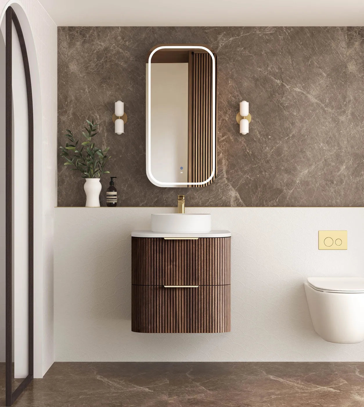 Havana Fluted 600mm Sable Walnut Wall Hung Curve Vanity — Cabinet Only