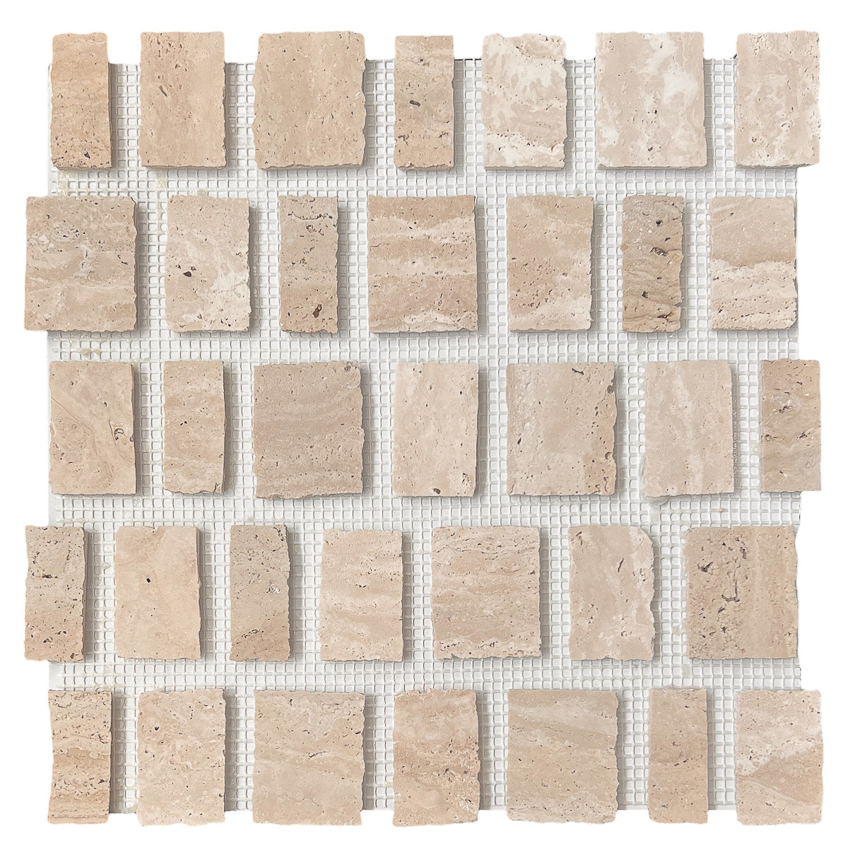 | Roman Travertine | Split Honed 10mm Joint Chip 55x45+55x35+55x25 Sheet Size 315x305x7mm