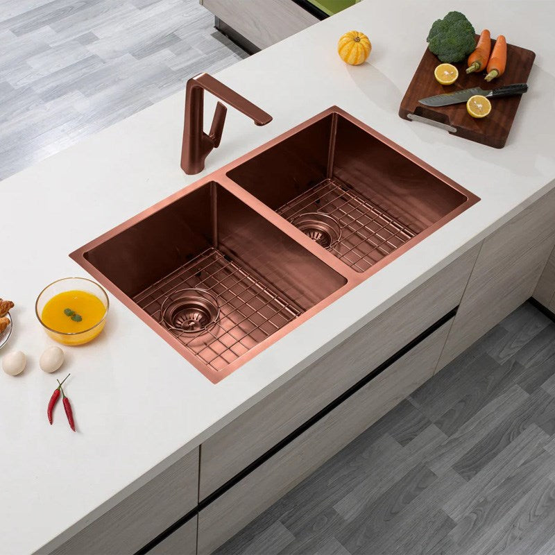 Copper Stainless Steel PVD Double Bowl Kitchen Sink 820x457x230mm