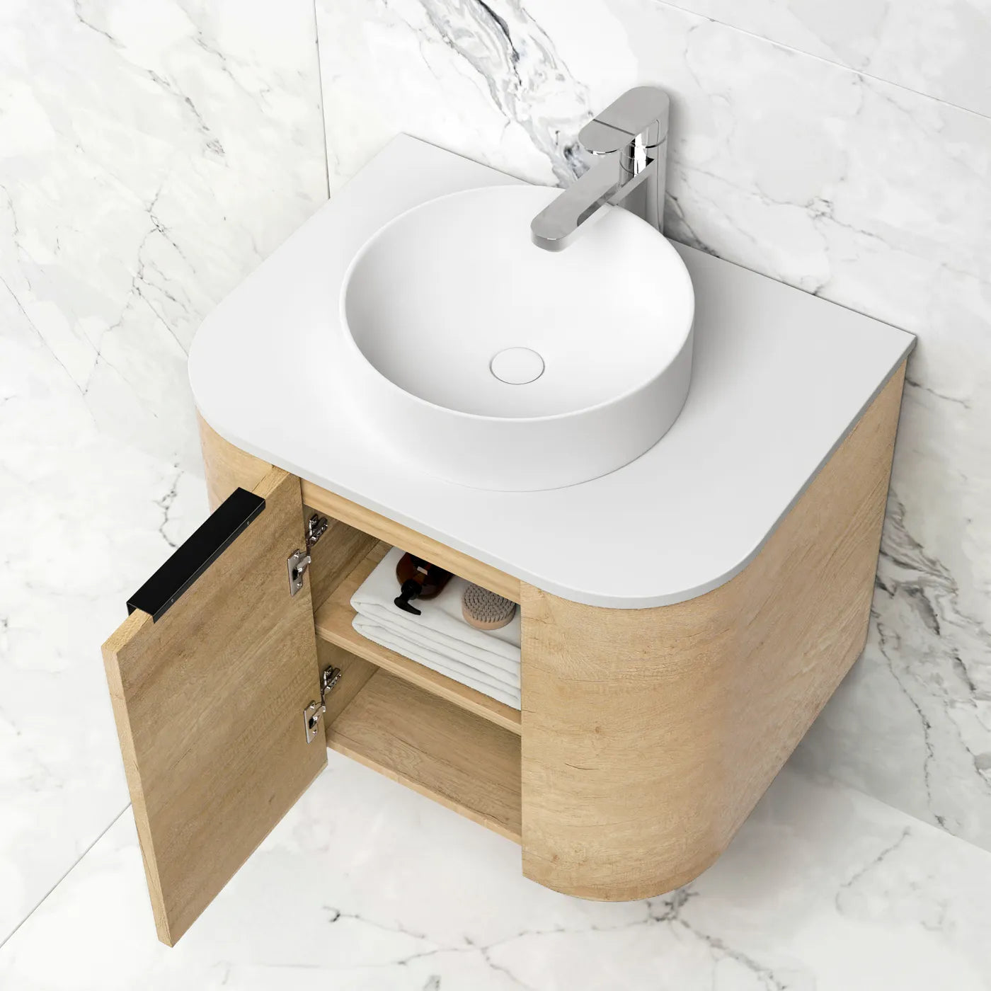 Bondi 600mm Natural Oak Wall Hung Curve Vanity (12TH & NTH Only)
