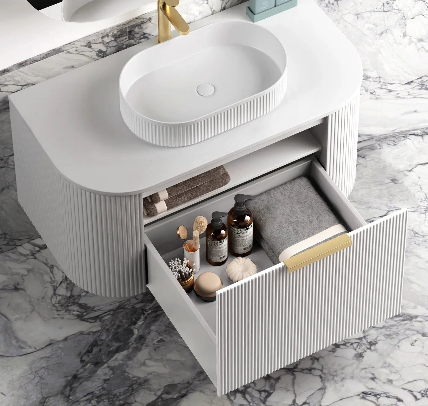 Bondi 750mm Satin White Fluted Wall Hung Curve Vanity (12TH & NTH Only)