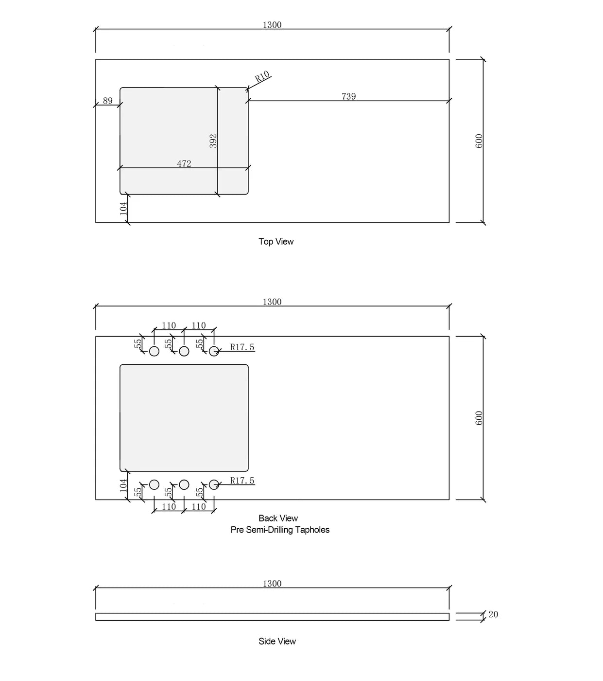 Hampshire Black Base Laundry Cabinet with Stone Top and Sink 1300x600x900