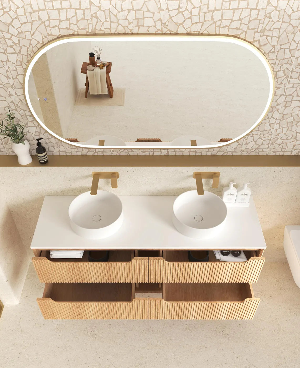 Byron Fluted 1200mm Woodland Oak Four Drawer Wall Hung Vanity with Cloudy Carrara Stone Top