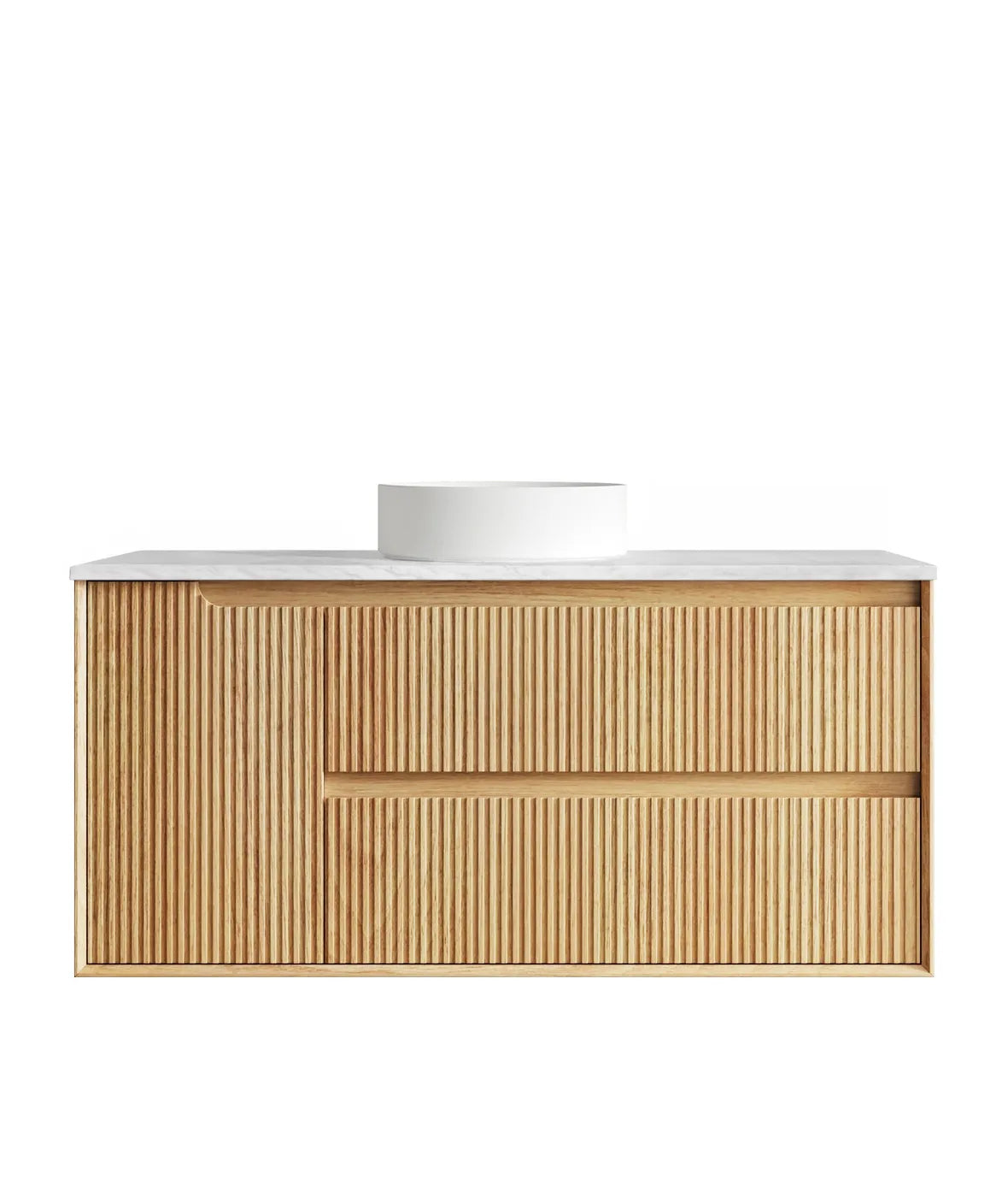 Byron Fluted 1200mm Woodland Oak Wall Hung Vanity with Cloudy Carrara Ultra Deluxe Stone Top