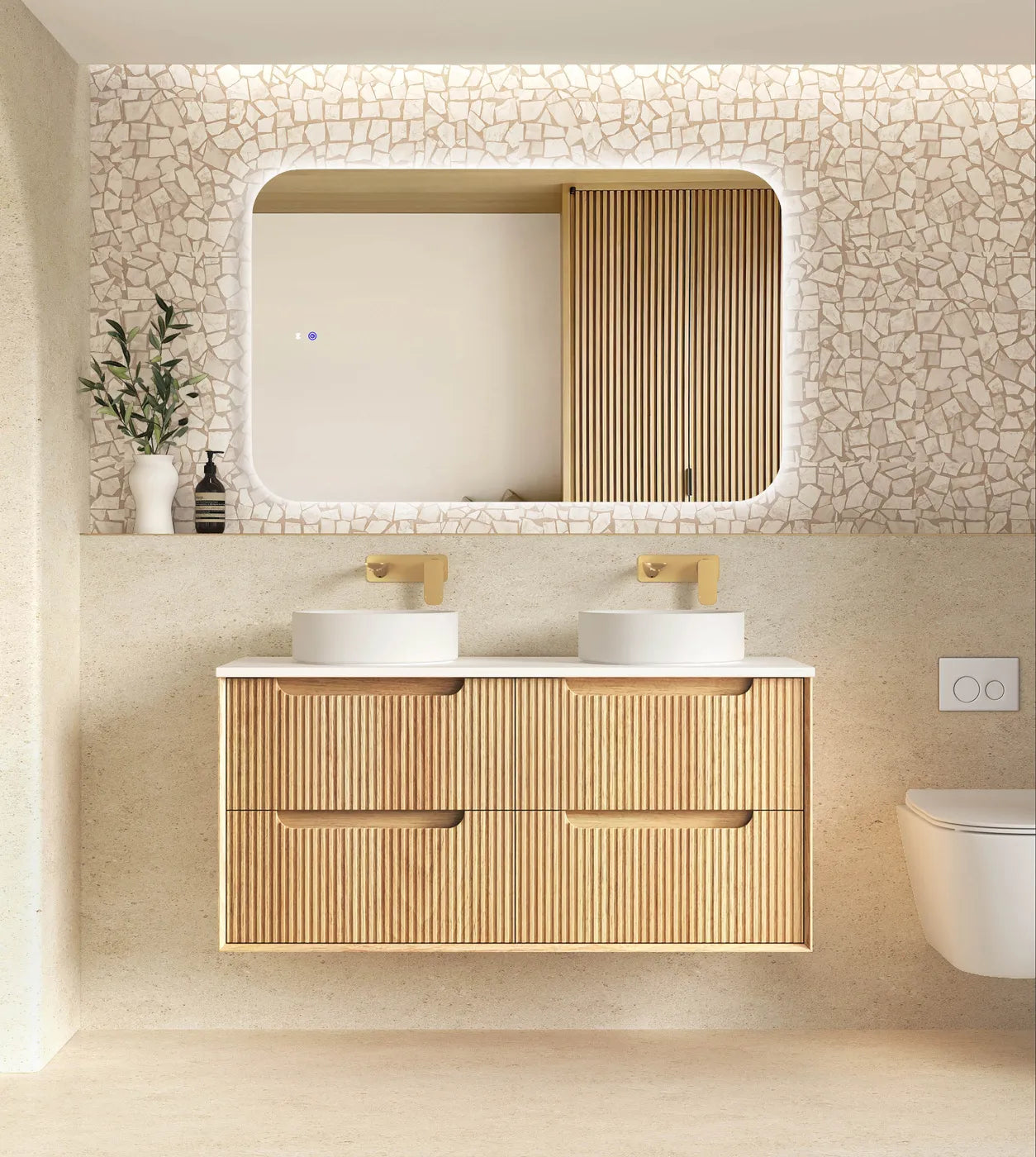 Byron Fluted 1200mm Woodland Oak Four Drawer Wall Hung Vanity with Cloudy Carrara Stone Top