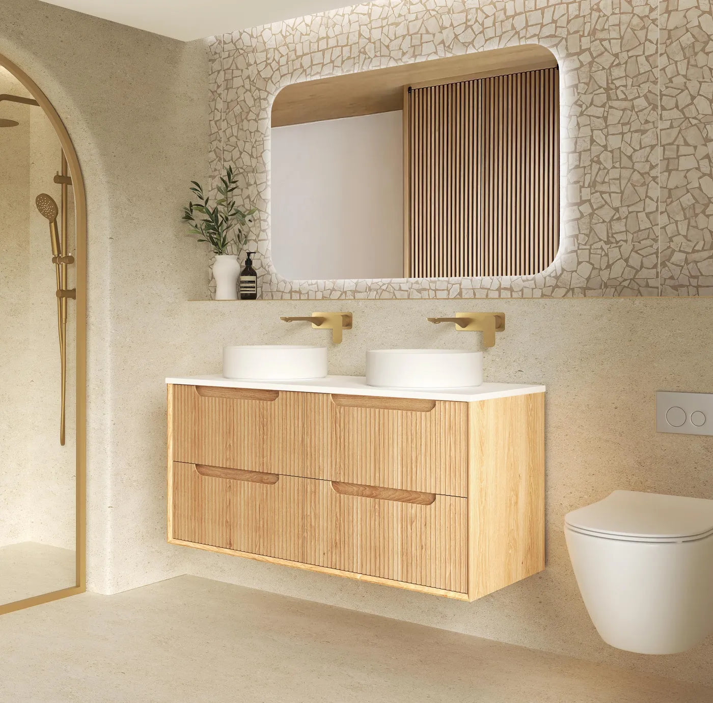 Byron Fluted 1200mm Woodland Oak Four Drawer Wall Hung Vanity with Cloudy Carrara Stone Top