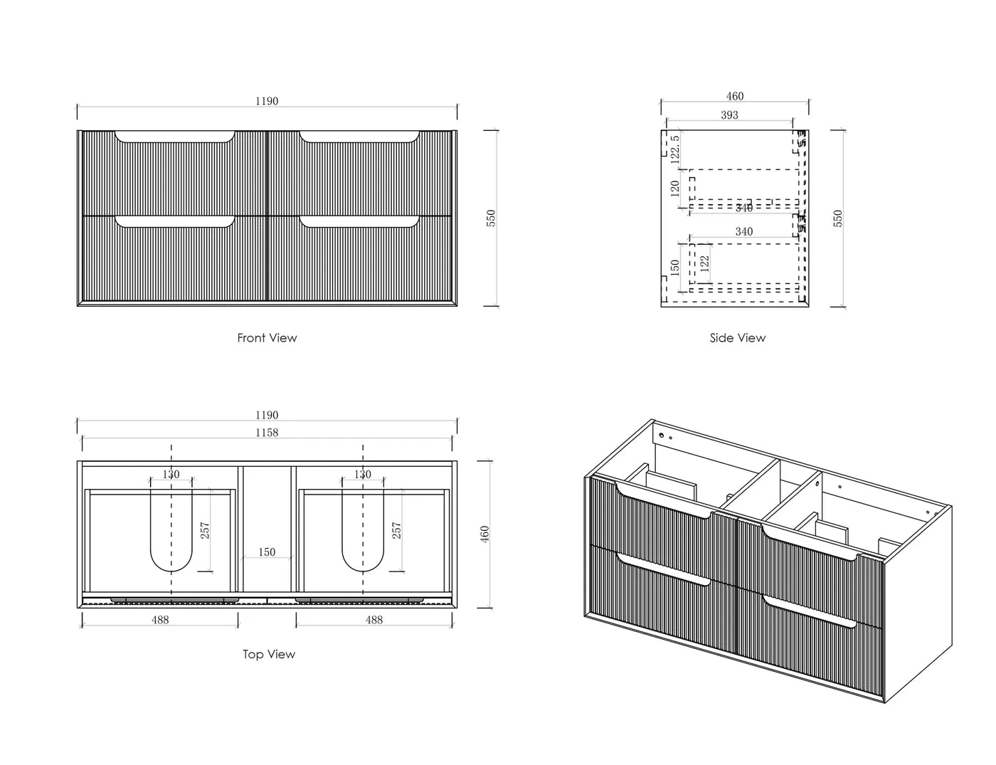 Byron Fluted 1200mm Woodland Oak Four Drawer Wall Hung Vanity with Cloudy Carrara Stone Top