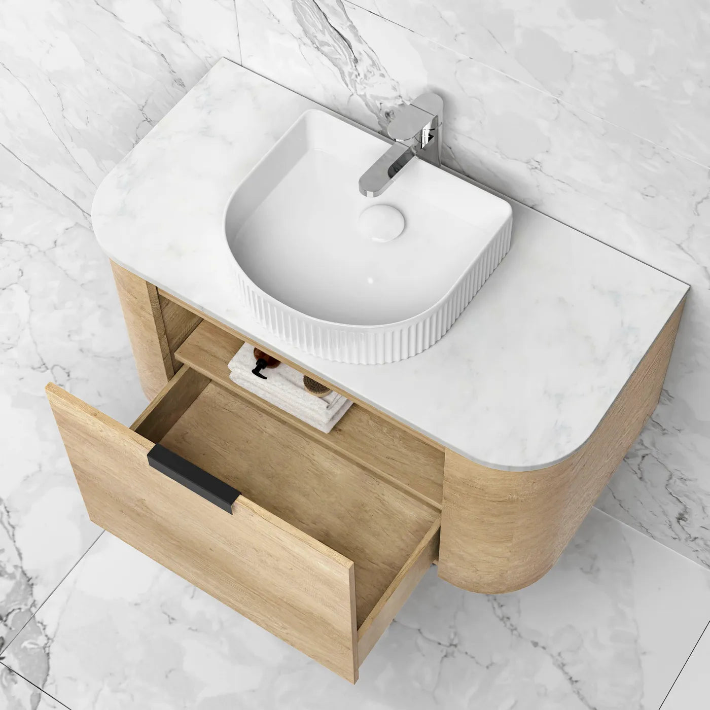Bondi 750mm Natural Oak Wall Hung Curve Vanity (12TH & NTH Only)