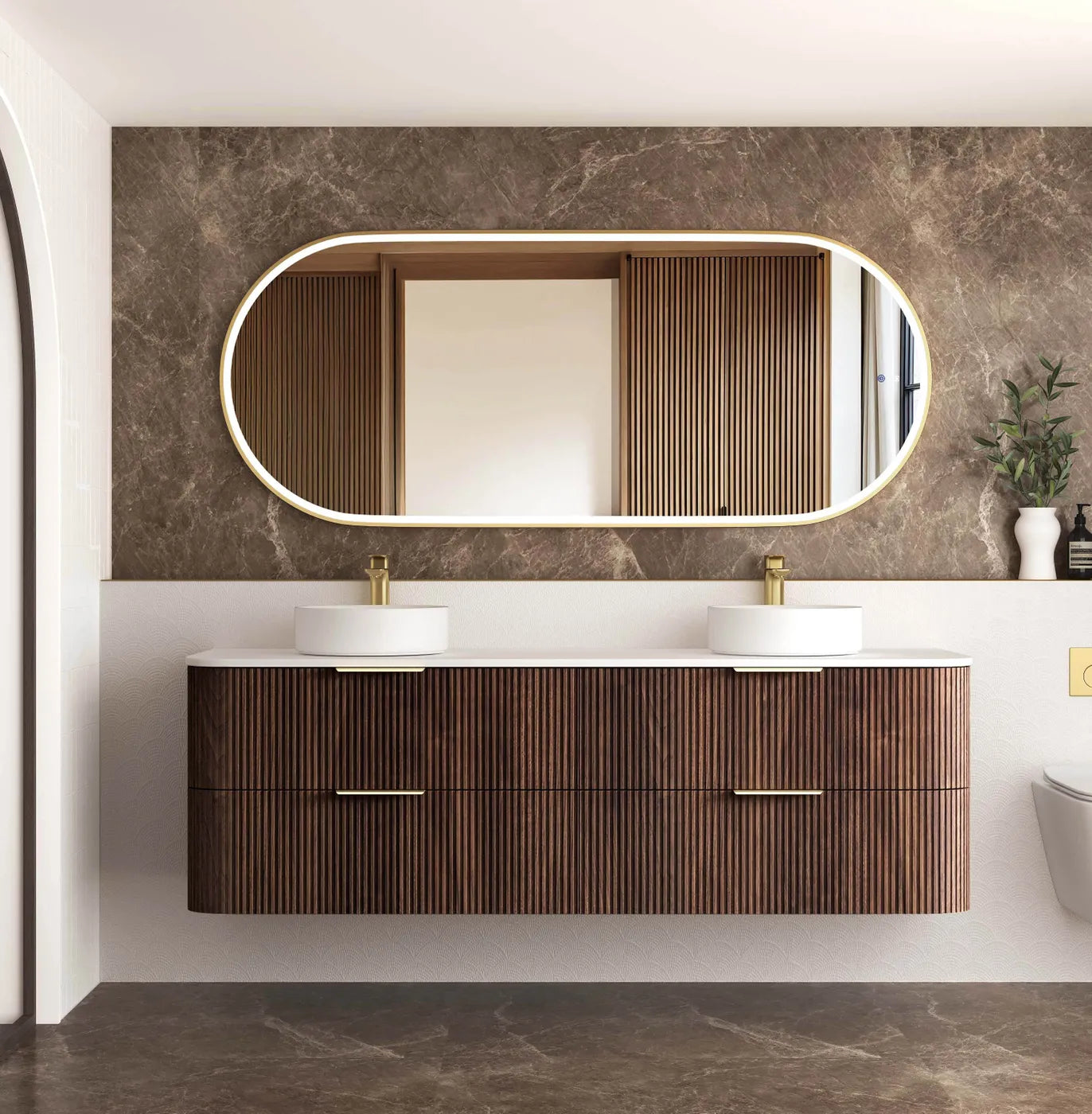 Havana Fluted 1800mm Sable Walnut Wall Hung Curve Vanity