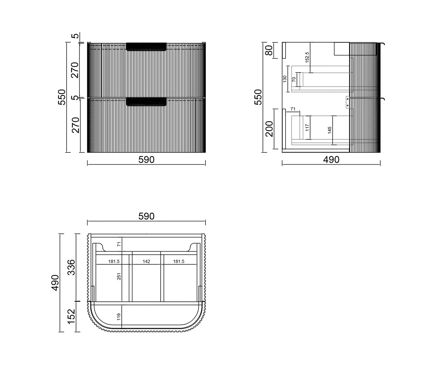 Havana Fluted 600mm Sable Walnut Wall Hung Curve Vanity — Cabinet Only