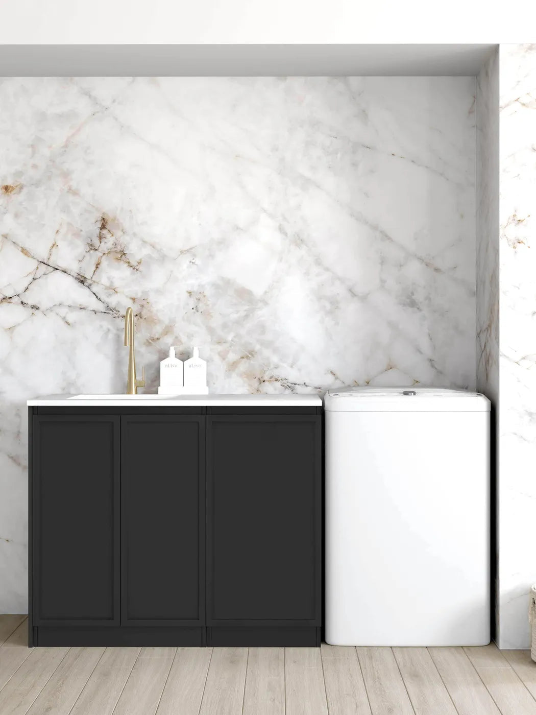 Hampshire Black Base Laundry Cabinet with Stone Top and Sink 1060x600x900