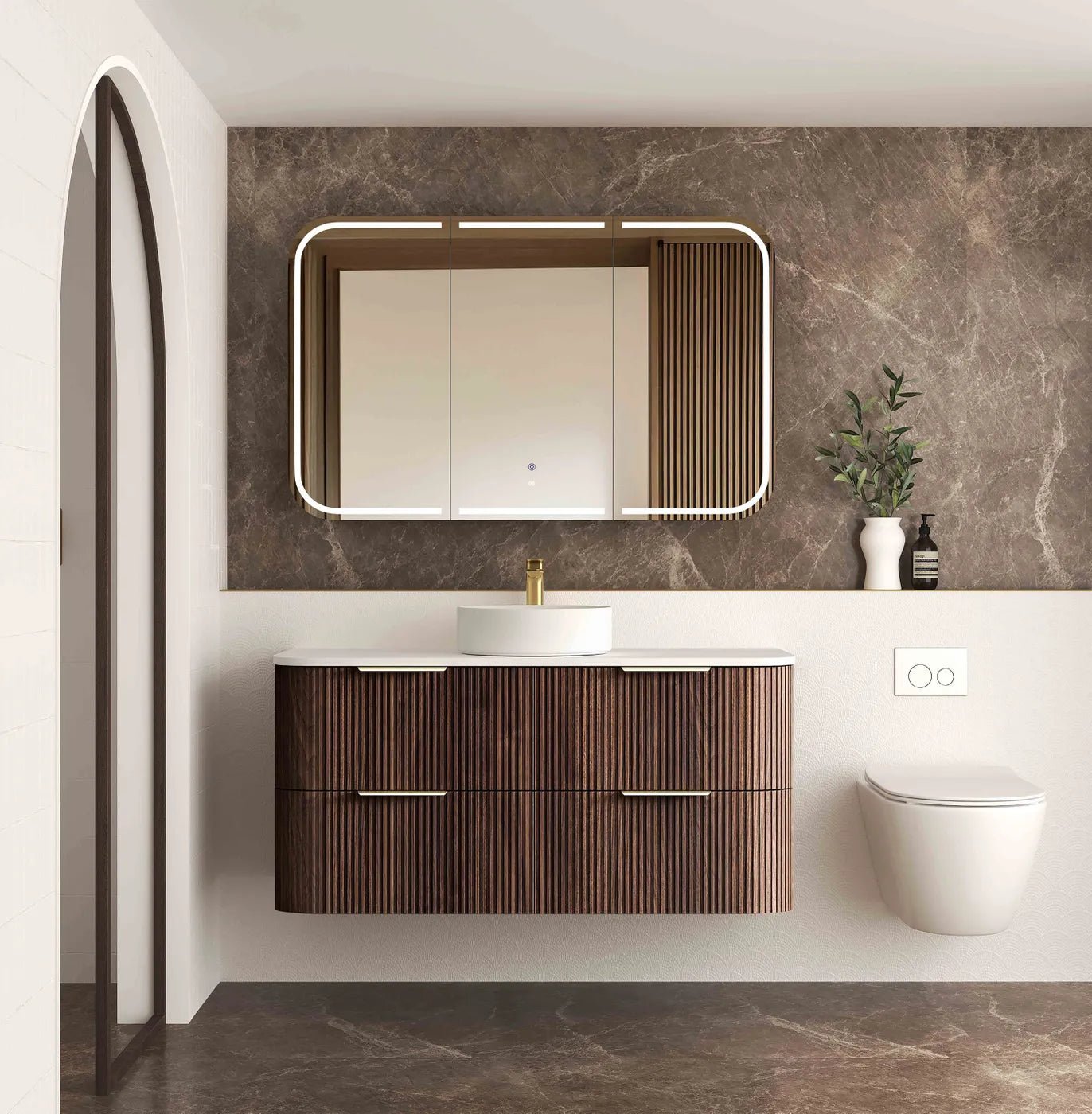Havana Fluted 1200mm Sable Walnut Wall Hung Curve Vanity — Cabinet Only