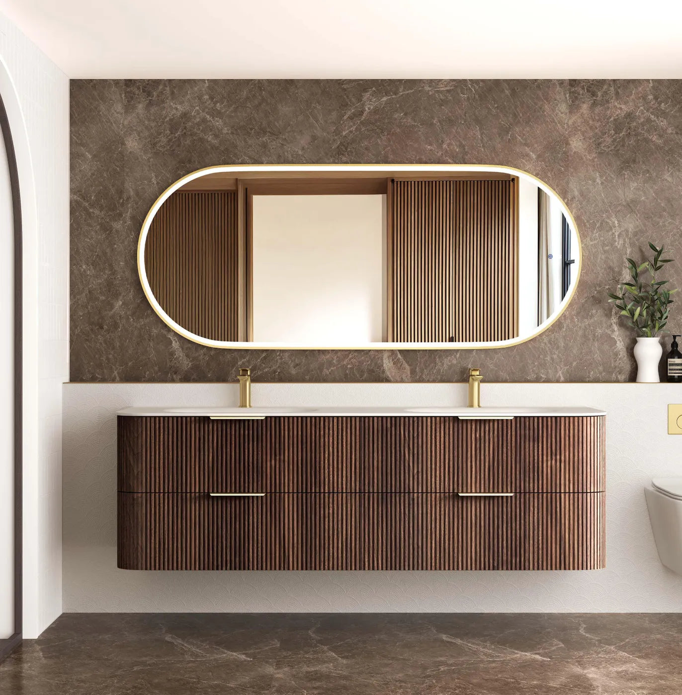 Havana Fluted 1800mm Sable Walnut Wall Hung Curve Vanity