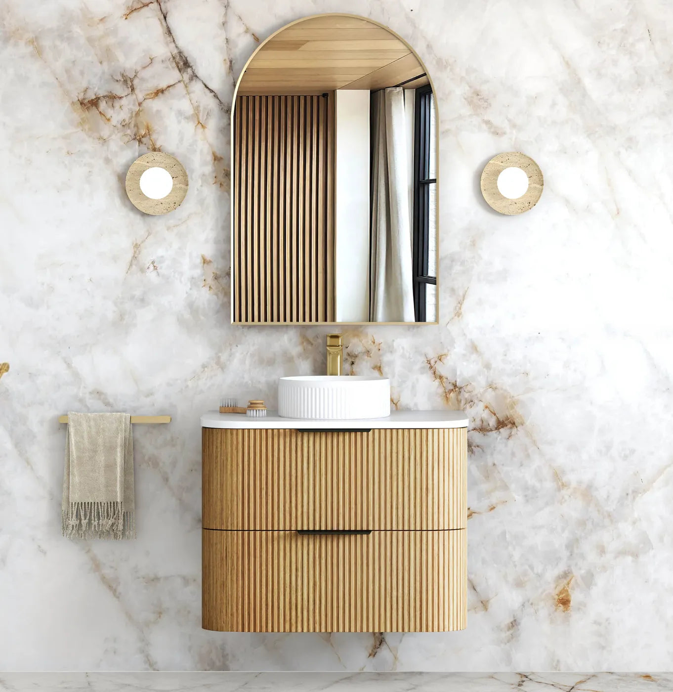 Havana Fluted 750mm Woodland Oak Wall Hung Curve Vanity