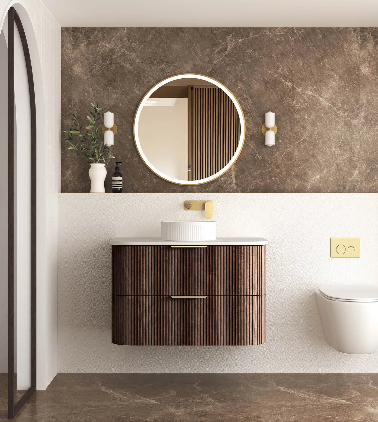 Walnut Rounded Vanity Havana Fluted 900mm Sable Walnut Wall Hung Curve Vanity – The Watermark ...