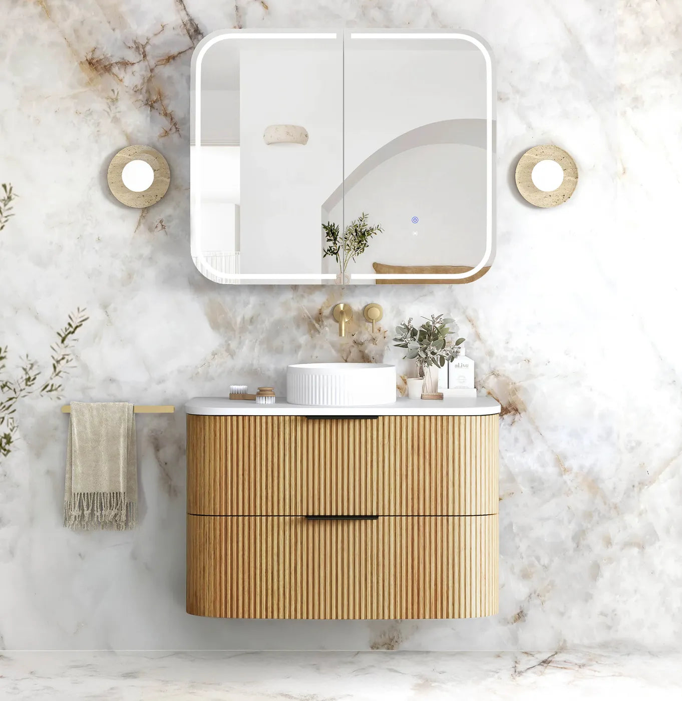 Havana Fluted 900mm Woodland Oak Wall Hung Curve Vanity