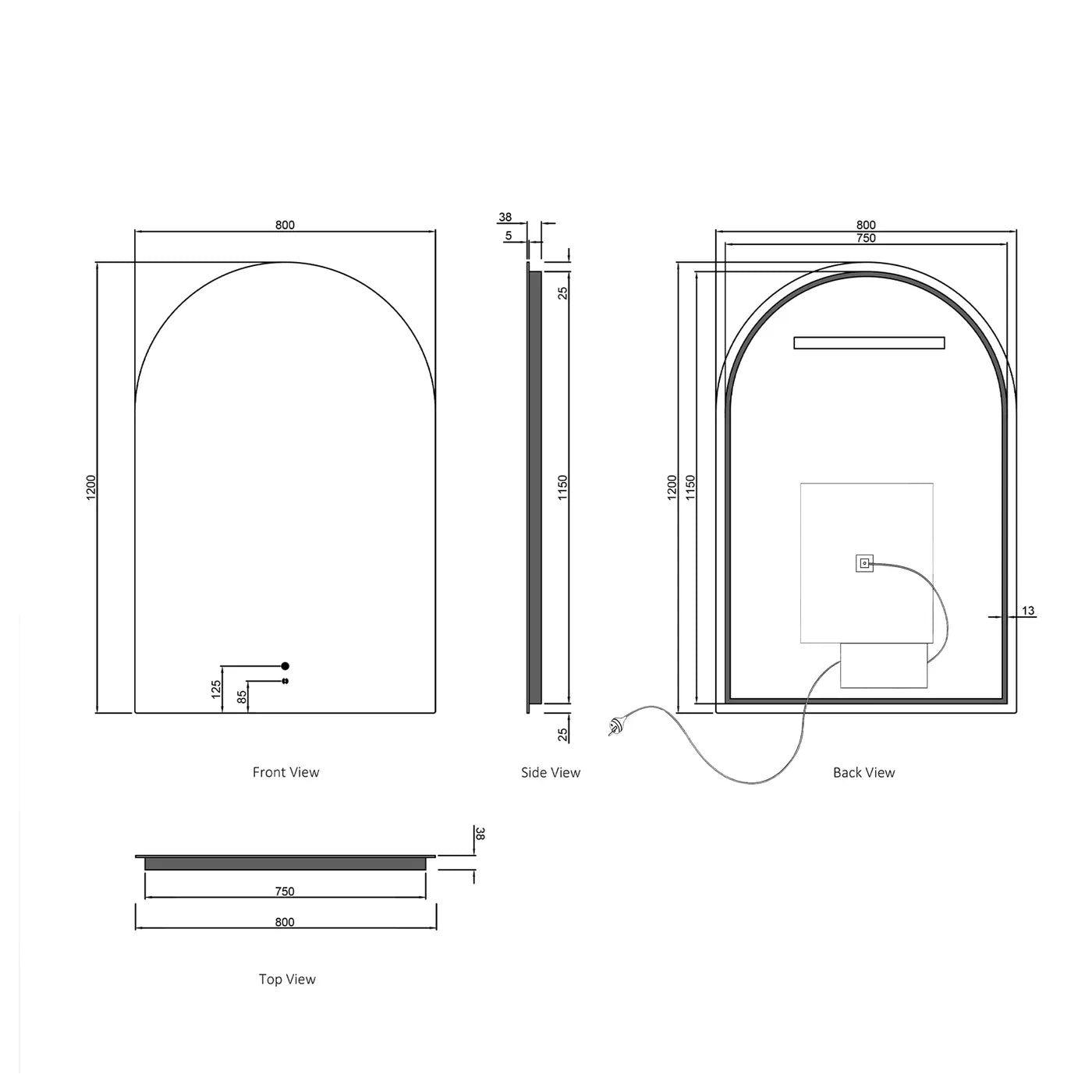LED Archie 1200(H)x800(W) Frameless Tuffi Mirror