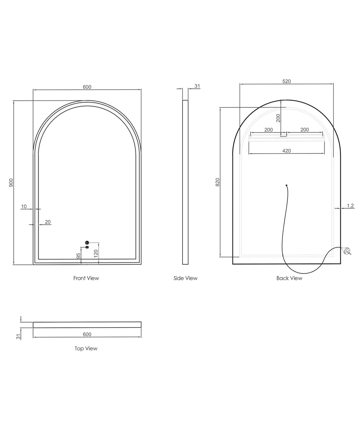 LED Archie 900(H)x600(W) White Metal Frame Tuffi Mirror