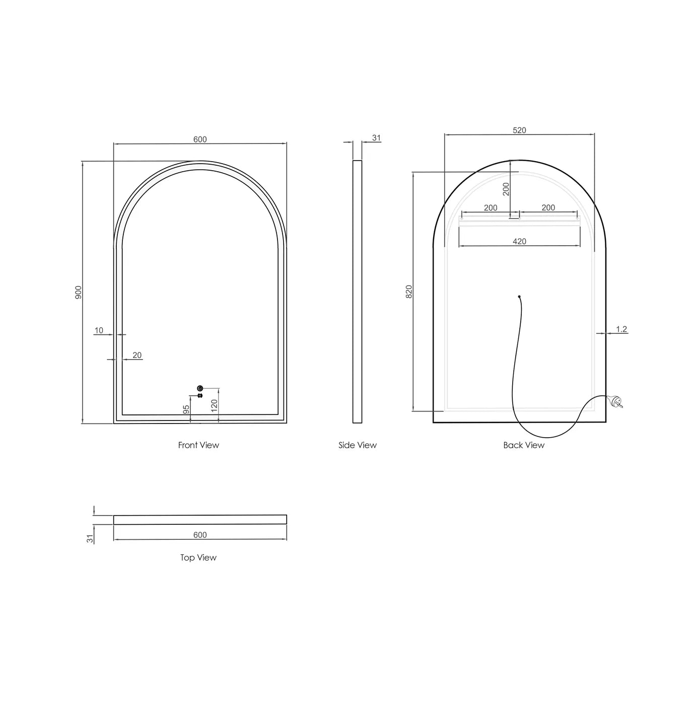 LED Newport 900(H)x450(W) Frameless Tuffi Mirror Soft Square