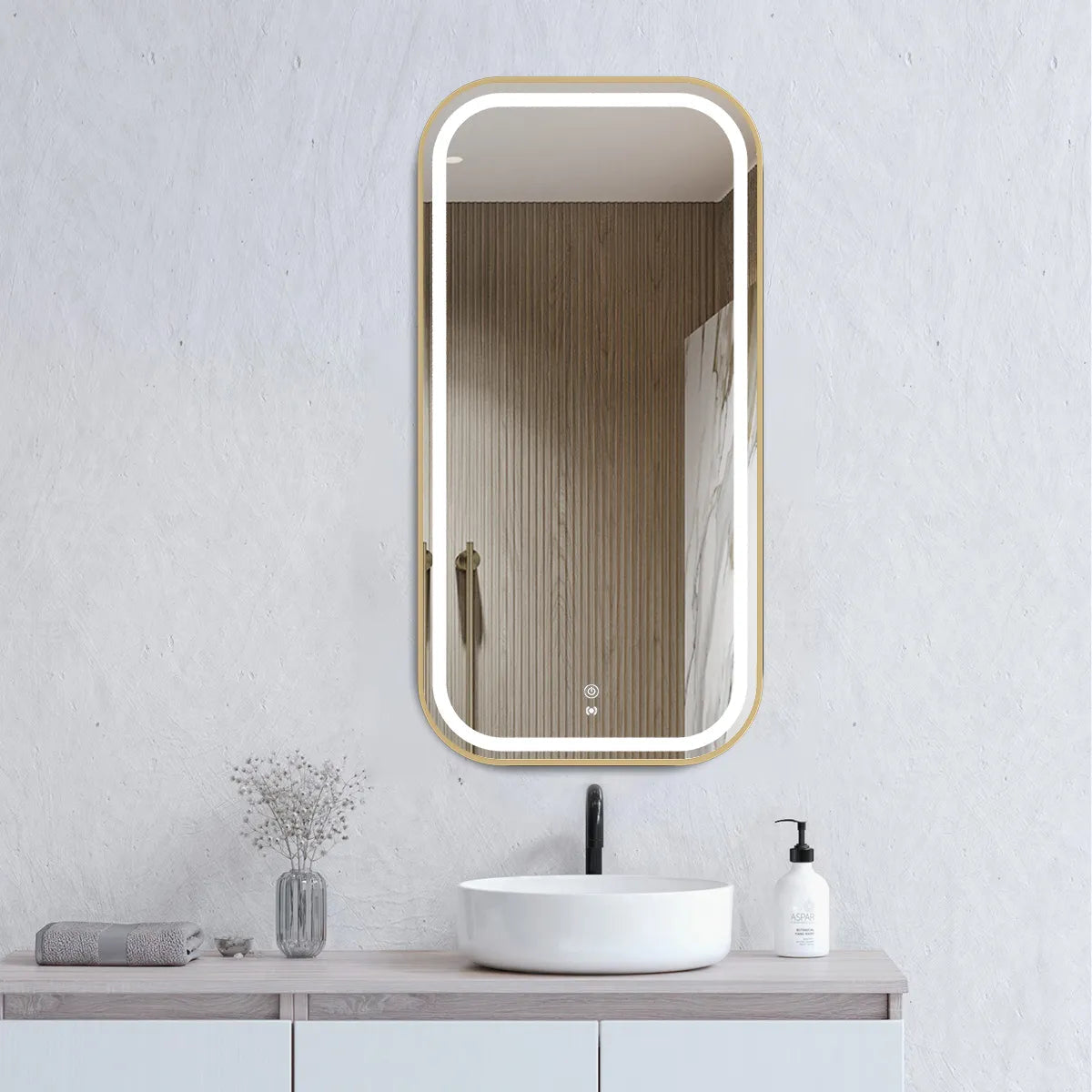 LED Newport 900(H)x450(W) Gold Metal Frame Tuffi Mirror Soft Square