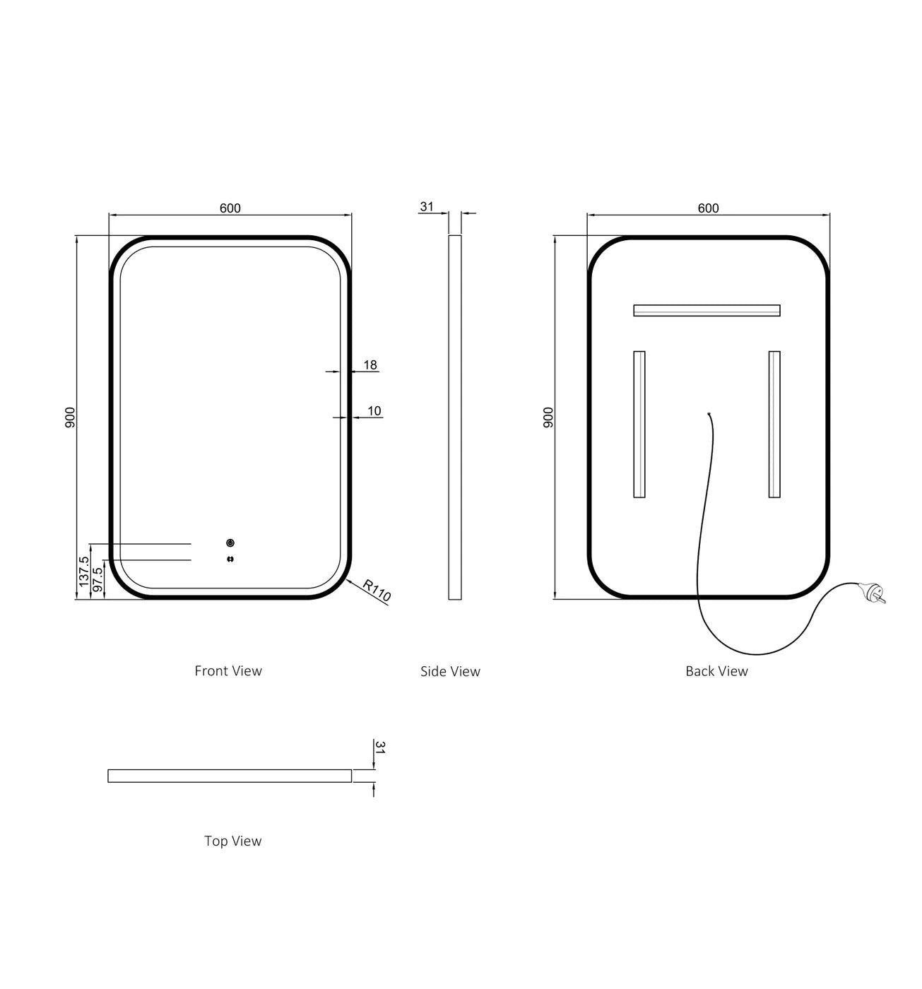 LED Newport 900(H)x600(W) Gold Metal Frame Tuffi Mirror- Install Horizontal or Vertical