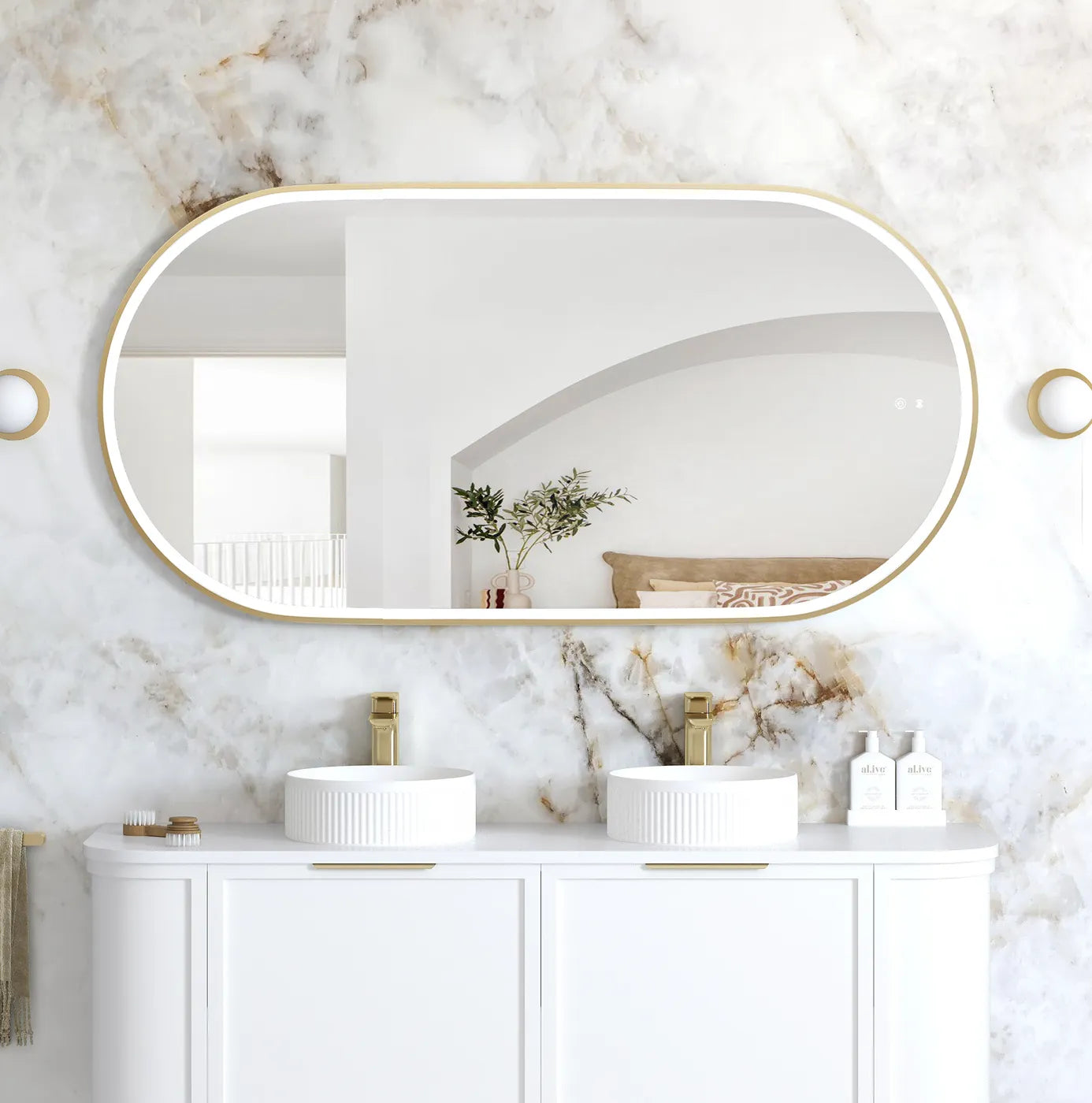 LED Noosa 1500(W)x750(H) Gold Metal Frame Tuffi Mirror- Install Horizontal or Vertical