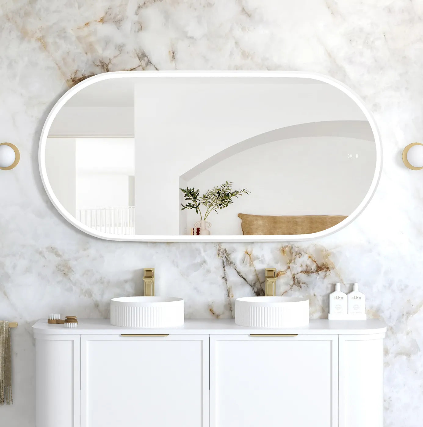 LED Noosa 1500(W)x750(H) White Metal Frame Tuffi Mirror- Install Horizontal or Vertical