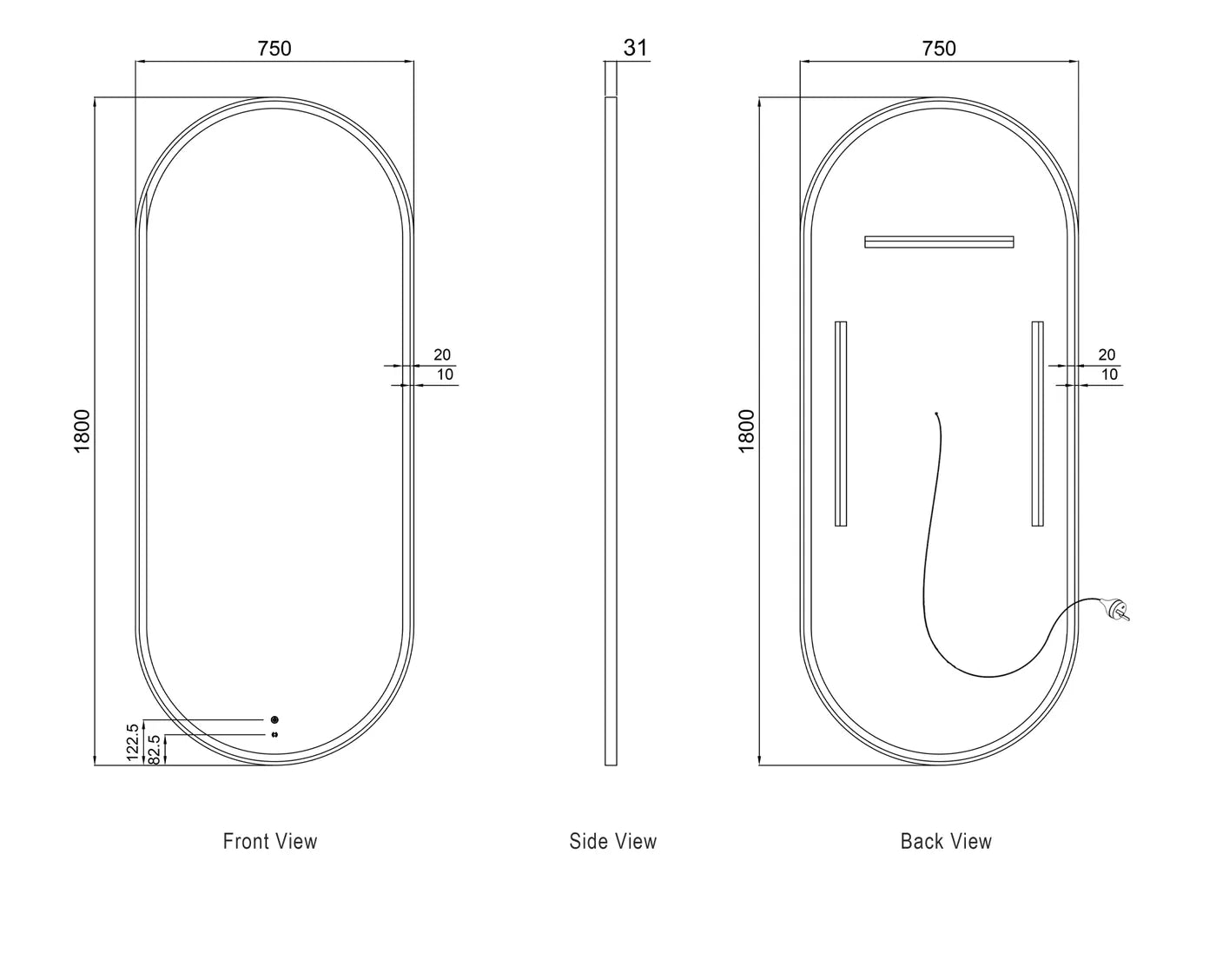 LED Noosa 1800(W)x750(H) White Metal Frame Mirror- Install Horizontal or Vertical