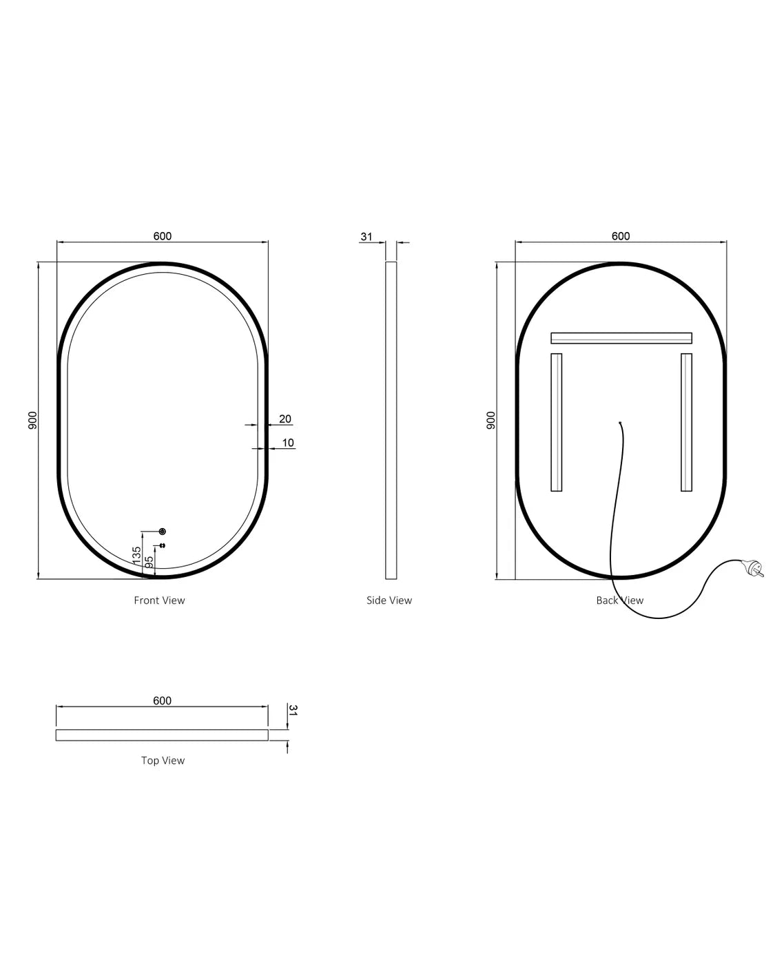 Black LED Noosa 900(H)x600(W) Metal Frame Tuffi Mirror