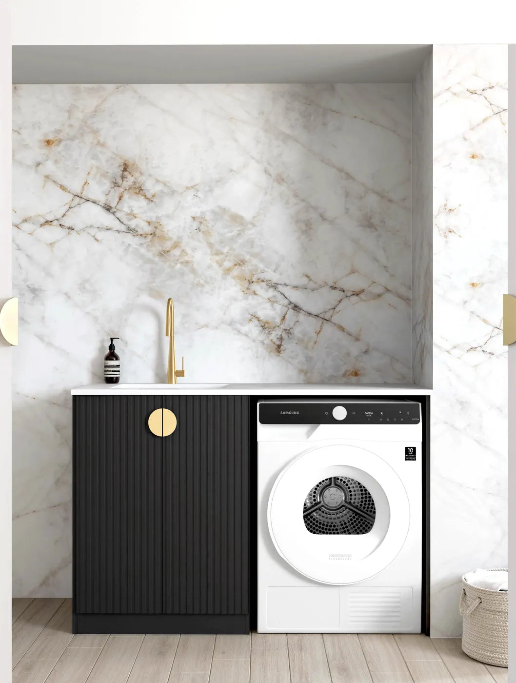 Marlo Black Base Laundry Cabinet with Stone Top and Sink 1300x600x900