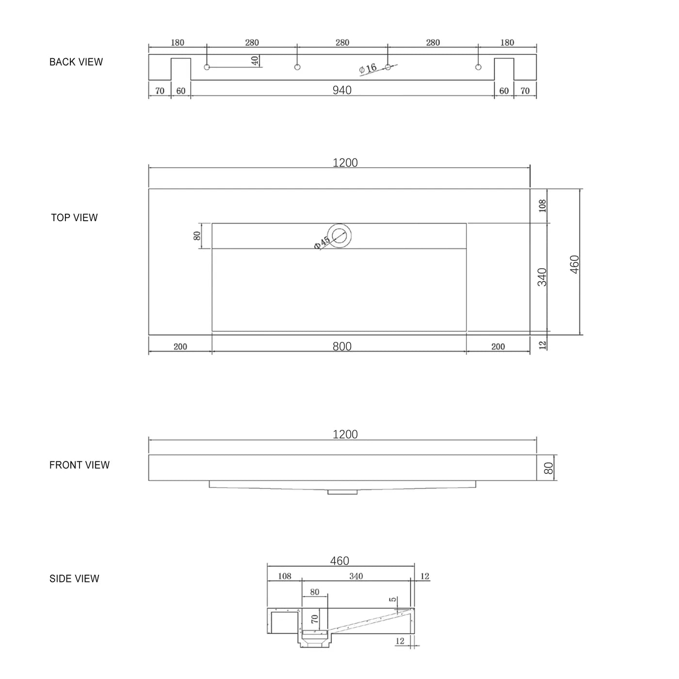 Moonlight 1200mm Solid Surface Top