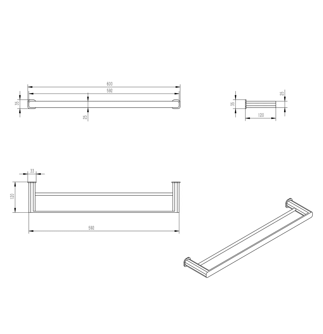 Oskar 600mm Brushed Nickel Double Towel Rail