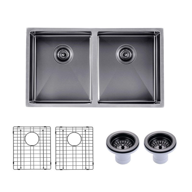 Round Corner Stainless Steel Gun Metal PVD Coating Double Bowl Kitchen Sink(with Bottom Grid) 770*450*215mm