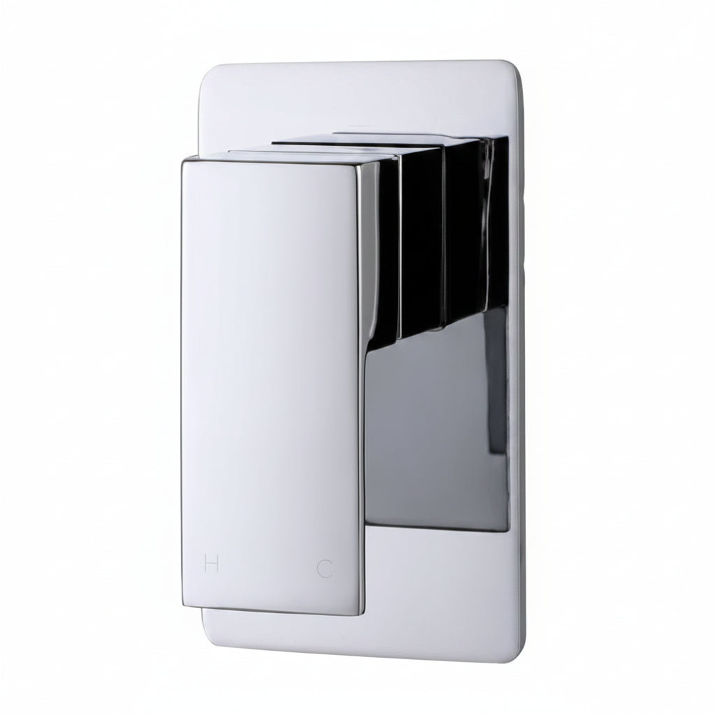 Premium chrome shower mixer mockup in a contemporary spa-style bathroom with warm neutral stone wall design.